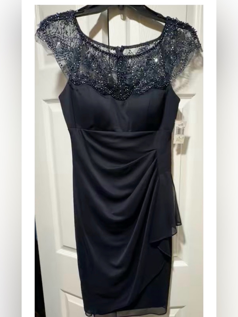 Xscape Navy Beaded Lace Yoke Cocktail Party Dress